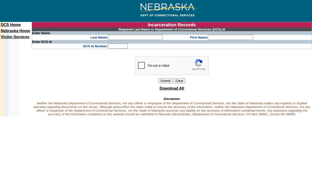 Kearney County state-custody record search on the Nebraska Department of Correctional Services form