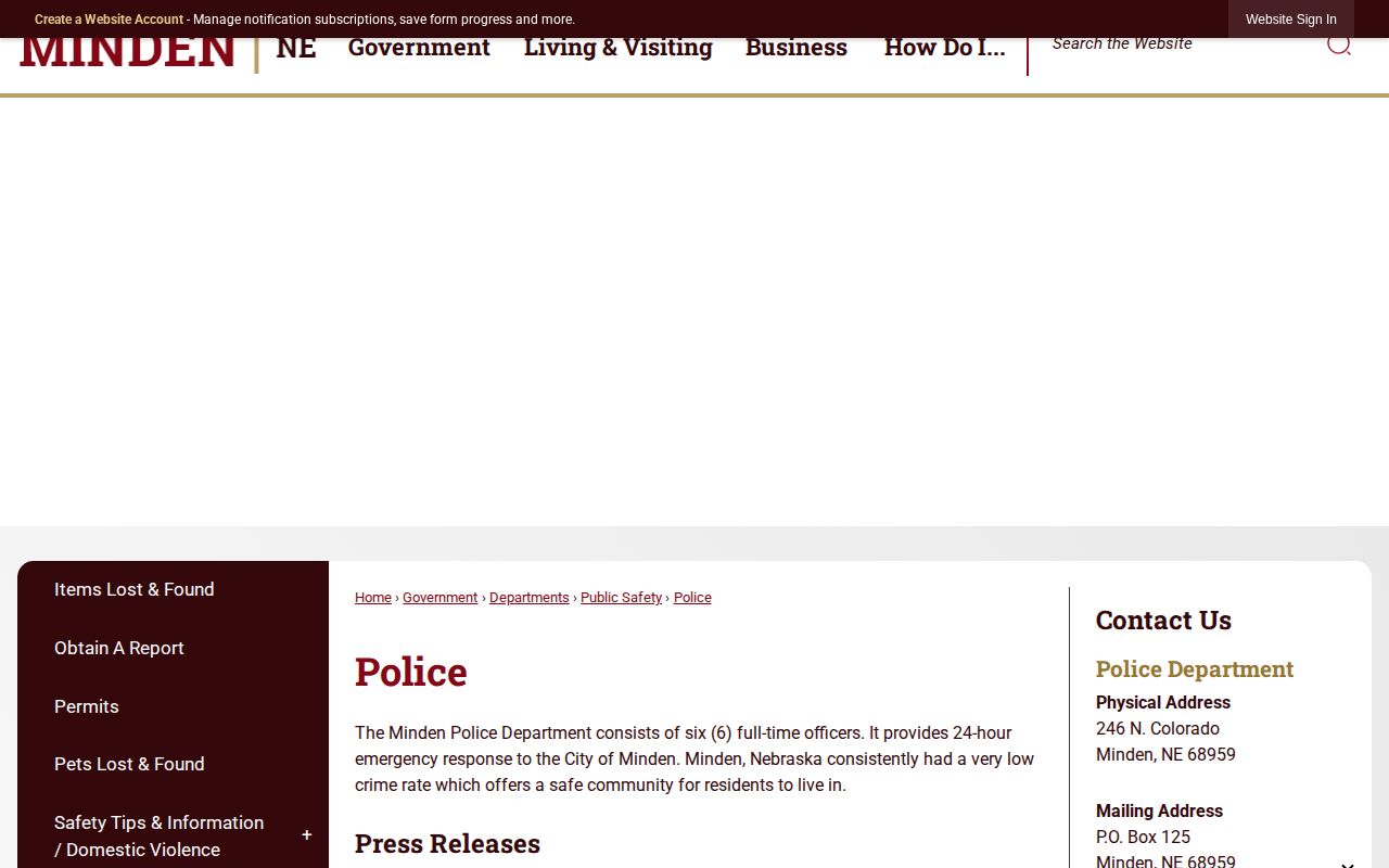 Minden Police Department official page for Minden arrest-record contacts